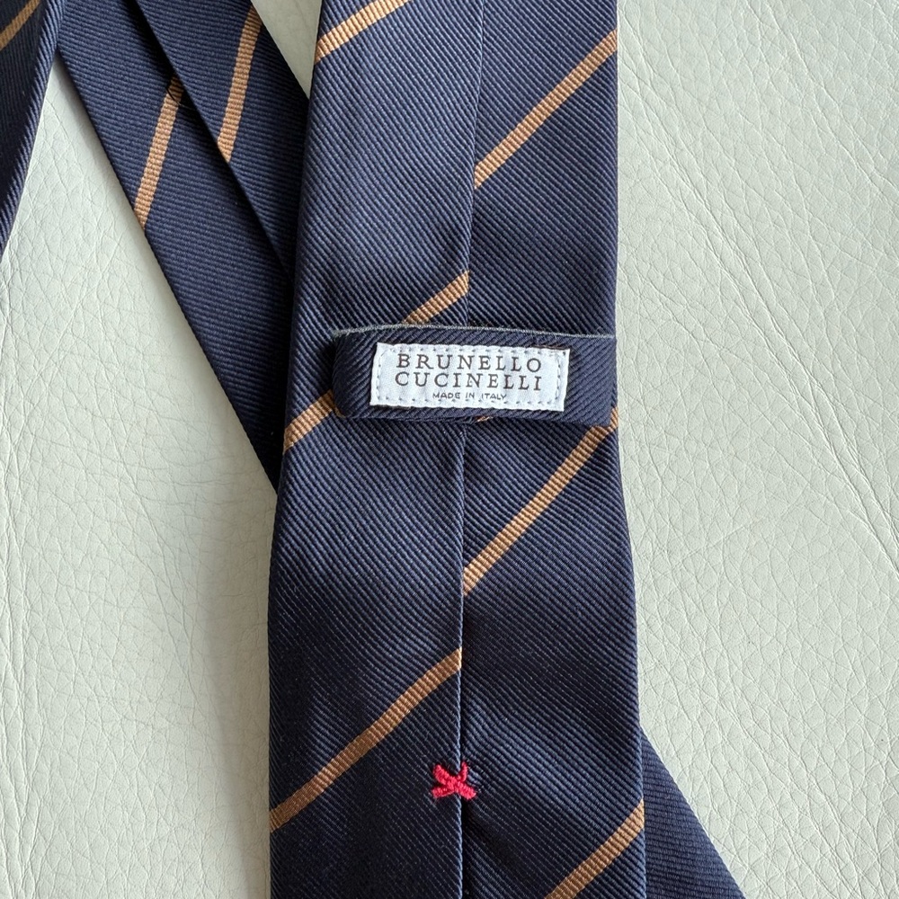 Brunello Cucinelli Blue and Tan Stripe Silk Tie - Picture 3 of 5